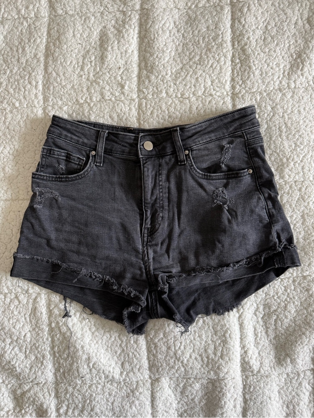 H&M Black Distressed High-Rise Denim Shorts
